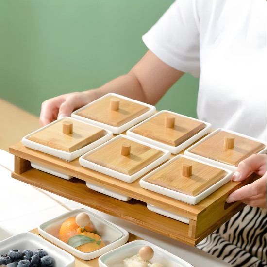 Wooden & Porcelain Serving Platter - 6 Pieces